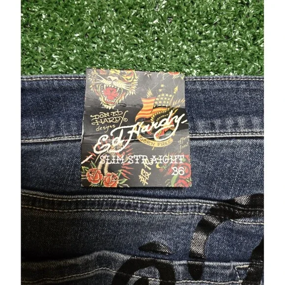 NWT Ed Hardy Eagle Snake Slim Straight Y2K Med Blue Denim Jeans (Men's 36)